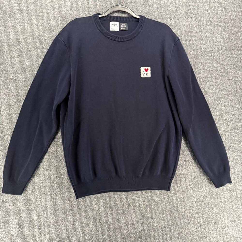 ZARA Mickey Mouse Sweater Mens XL Blue Patch Pullover Crew Neck Casual Preppy